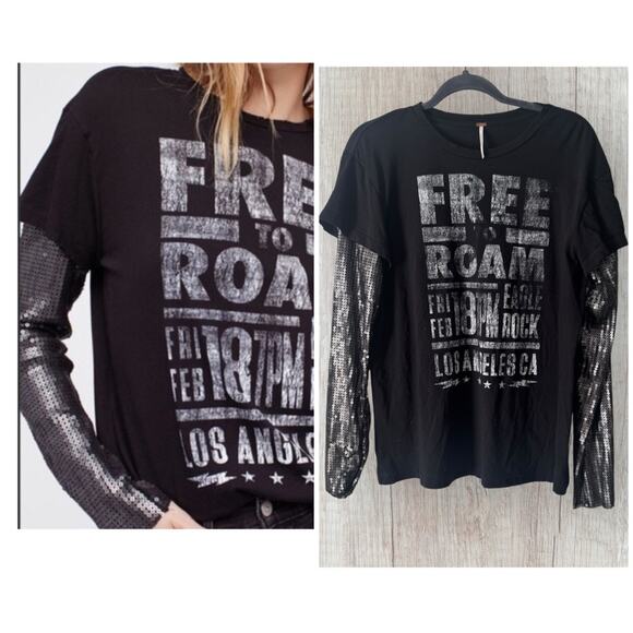Free People Free to Roam black tshirt with silver sequin long sleeves, medium - Picture 1 of 9